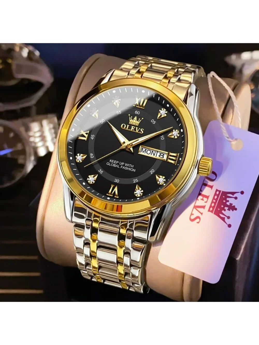 Mens Silver Black Face Stainless Luminous Quartz Waterproof Dimond Classic Watch